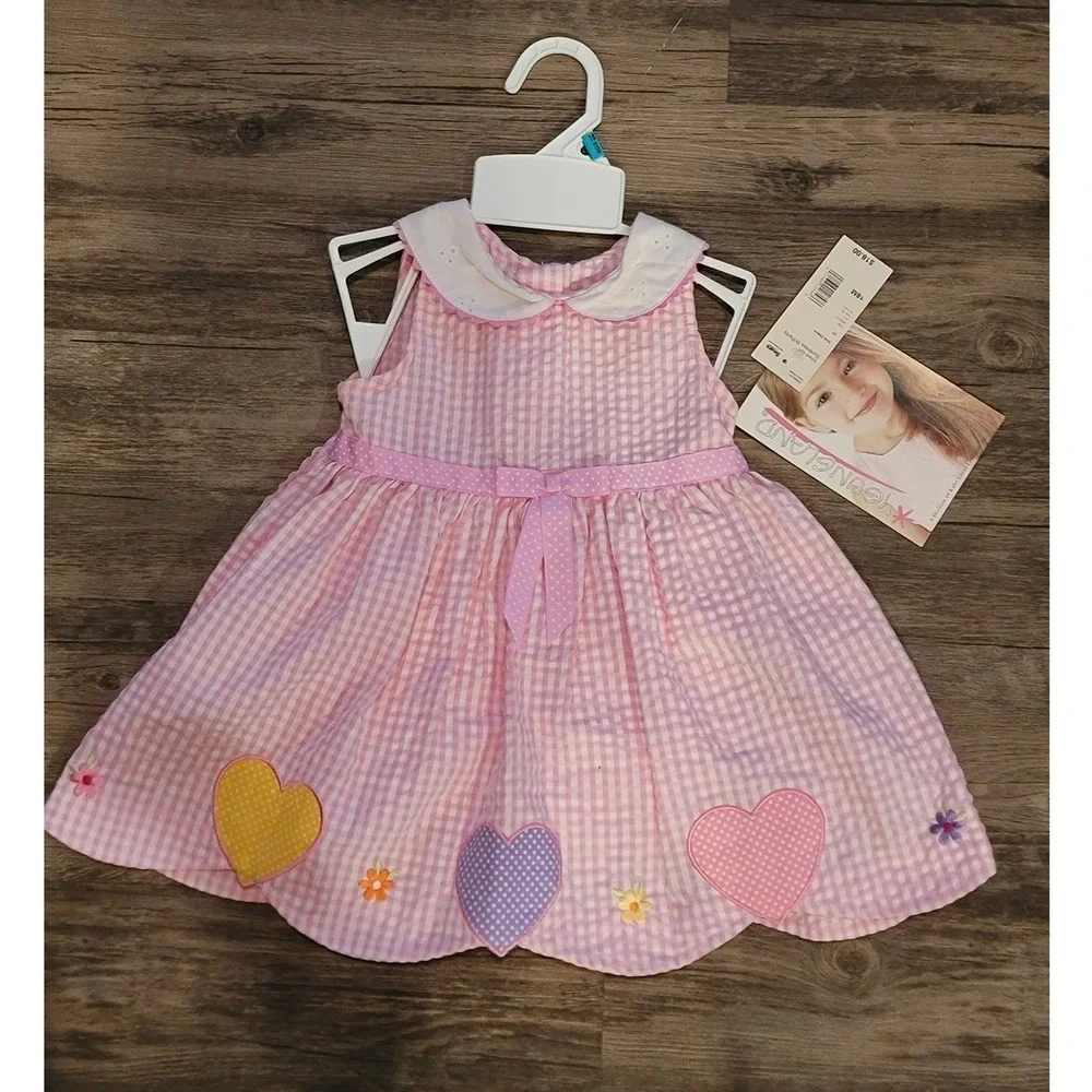 Youngland Baby Girls Pink Gingham Heart Scalloped Dress 18M NWT 327P59645